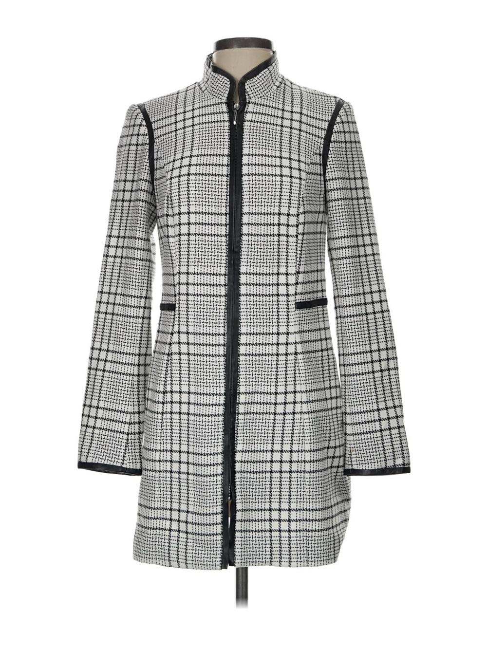 WHBM Womens Black & White Plaid Long Collar Coat